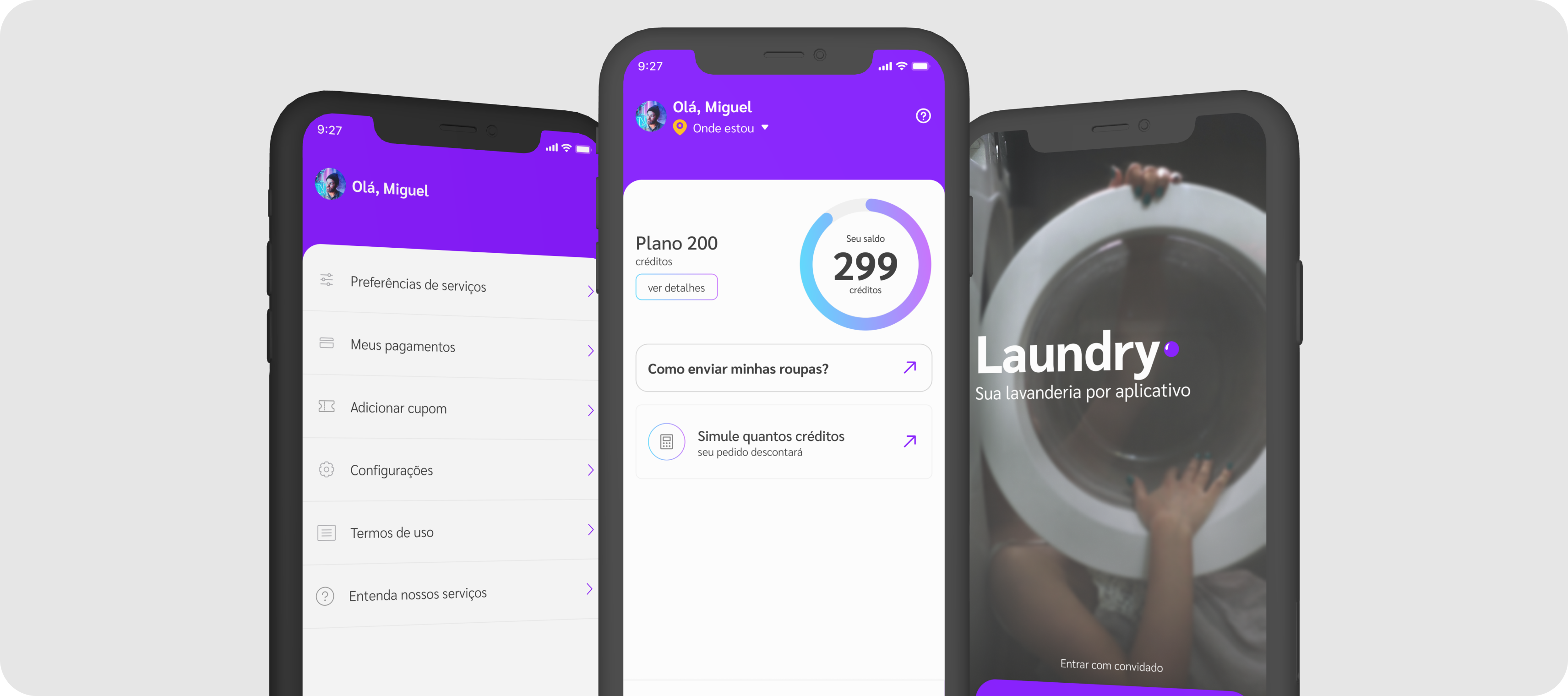 Laundry app navigation, credit balance and welcome screens