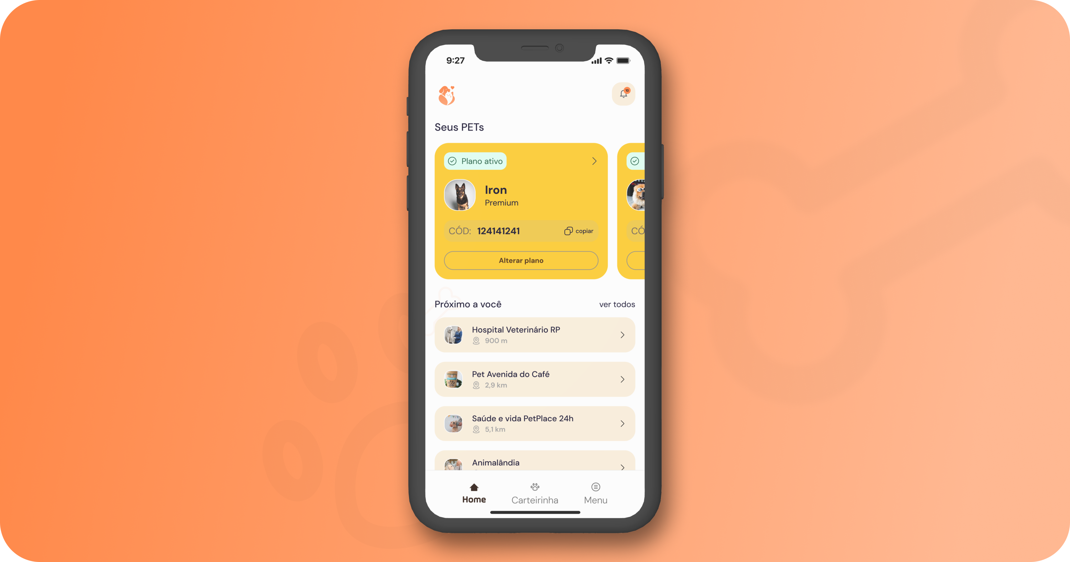 Pet Care app overview with health plan information