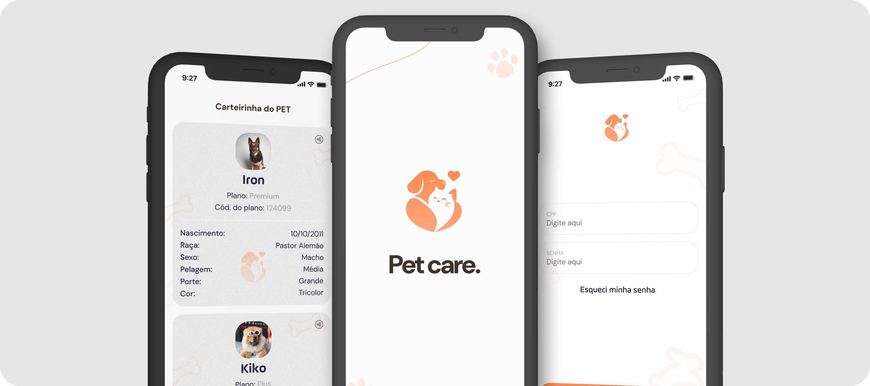 Pet Care welcome and account screens